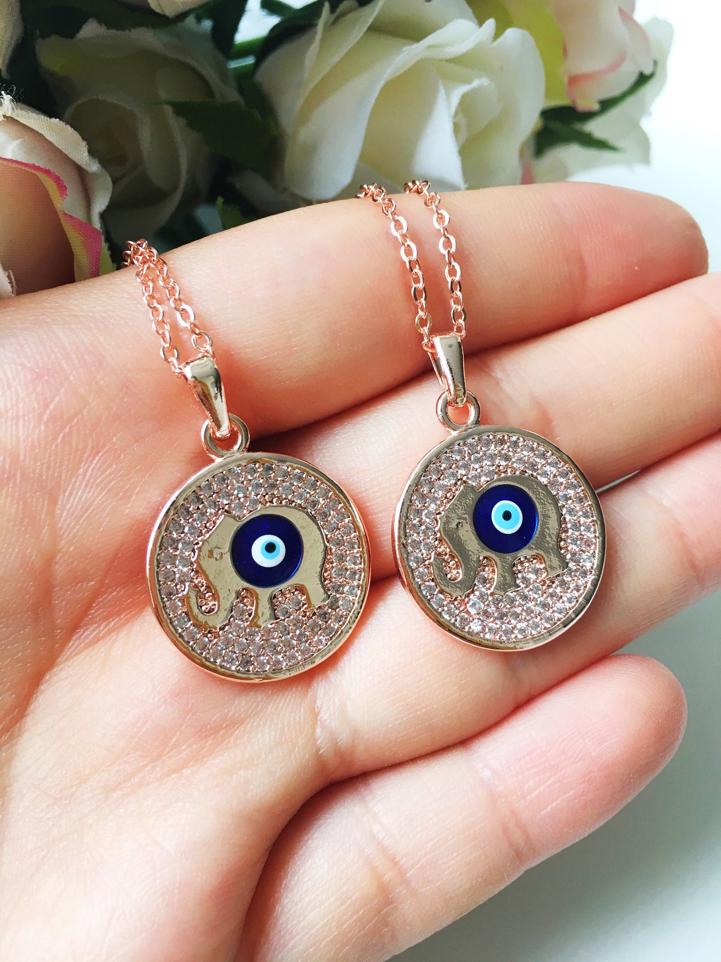 Zircon Evil Eye Necklace with Elephant, Lucky Necklace