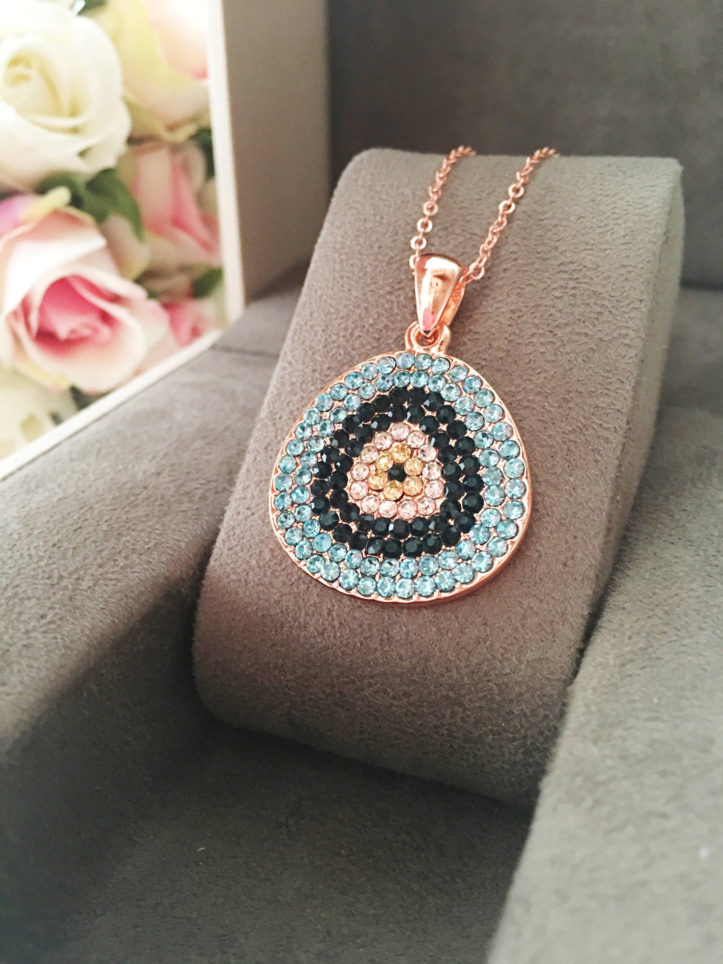 Evil eye necklace, rose gold necklace, evil eye jewelry, zirconia