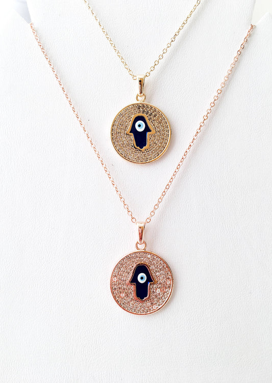 Zircon Evil Eye Necklace with Hamsa Hand