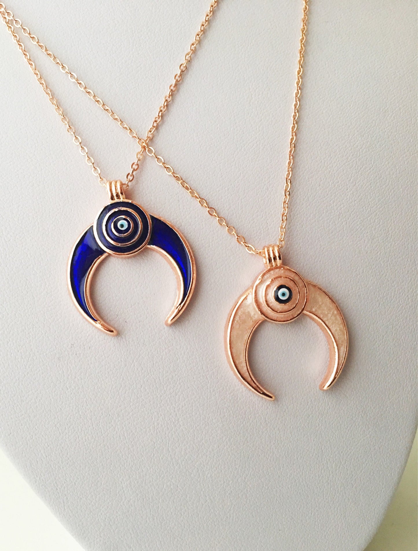 Double Horn necklace, Evil Eye necklace, Crescent Moon necklace