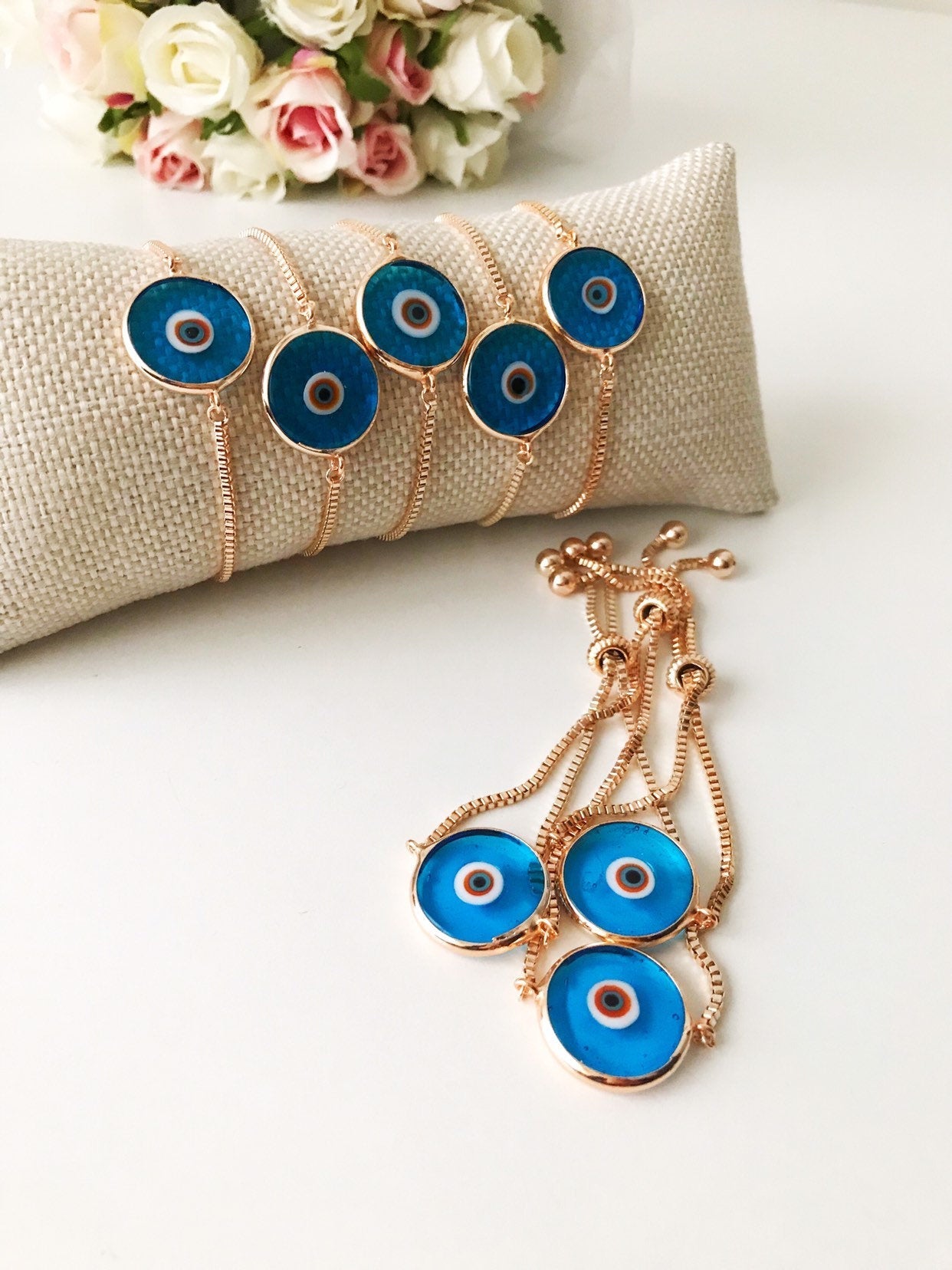 Murano Evil Eye Bracelet, Adjustable Rose Gold Bracelet, Greek Jewelry