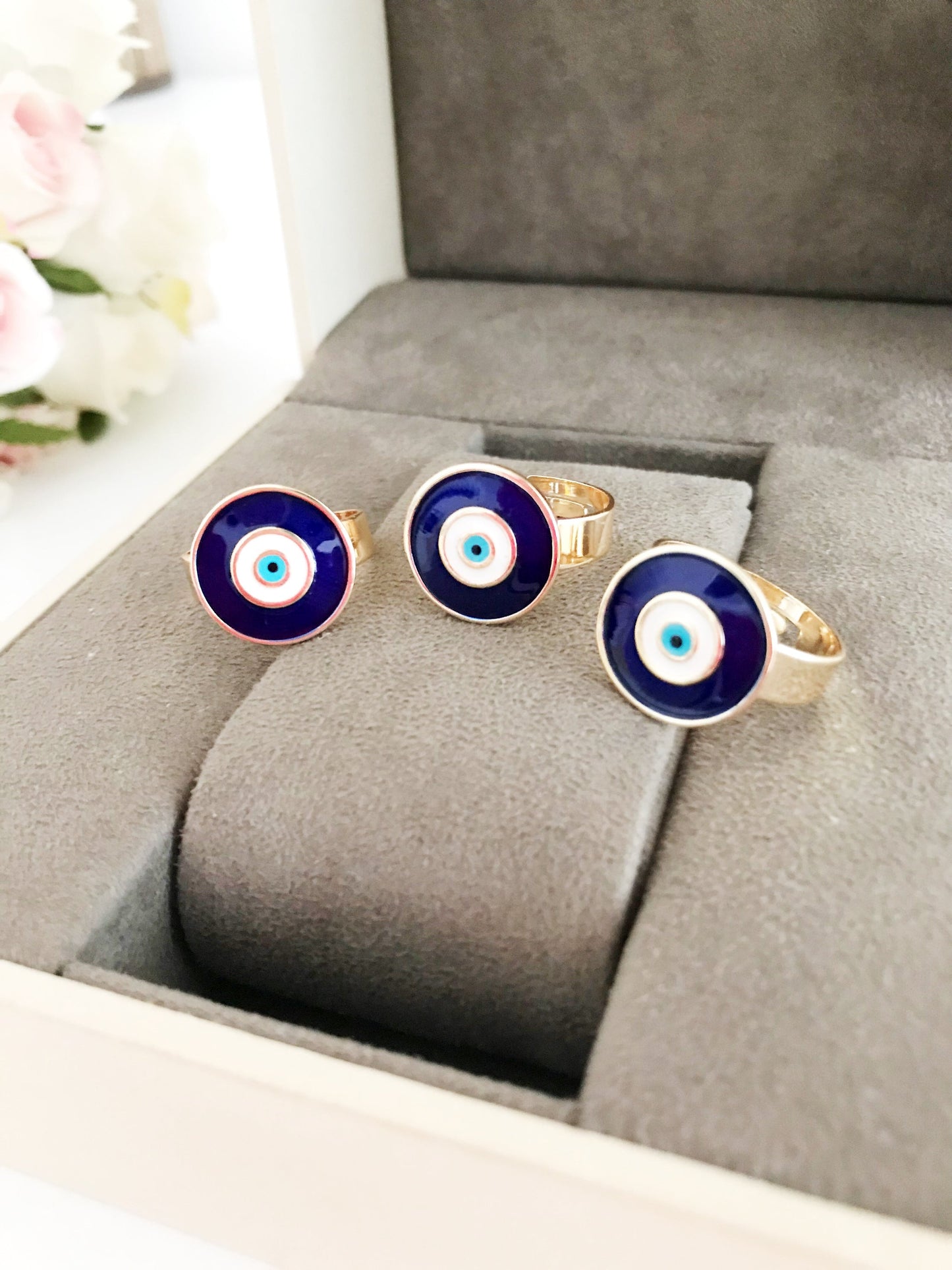 Adjustable blue evil eye ring