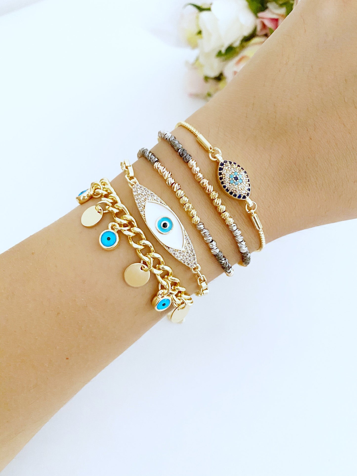 Gold Chain Evil Eye Bracelet, Blue Evil Eye Bracelet, Greek Jewelry