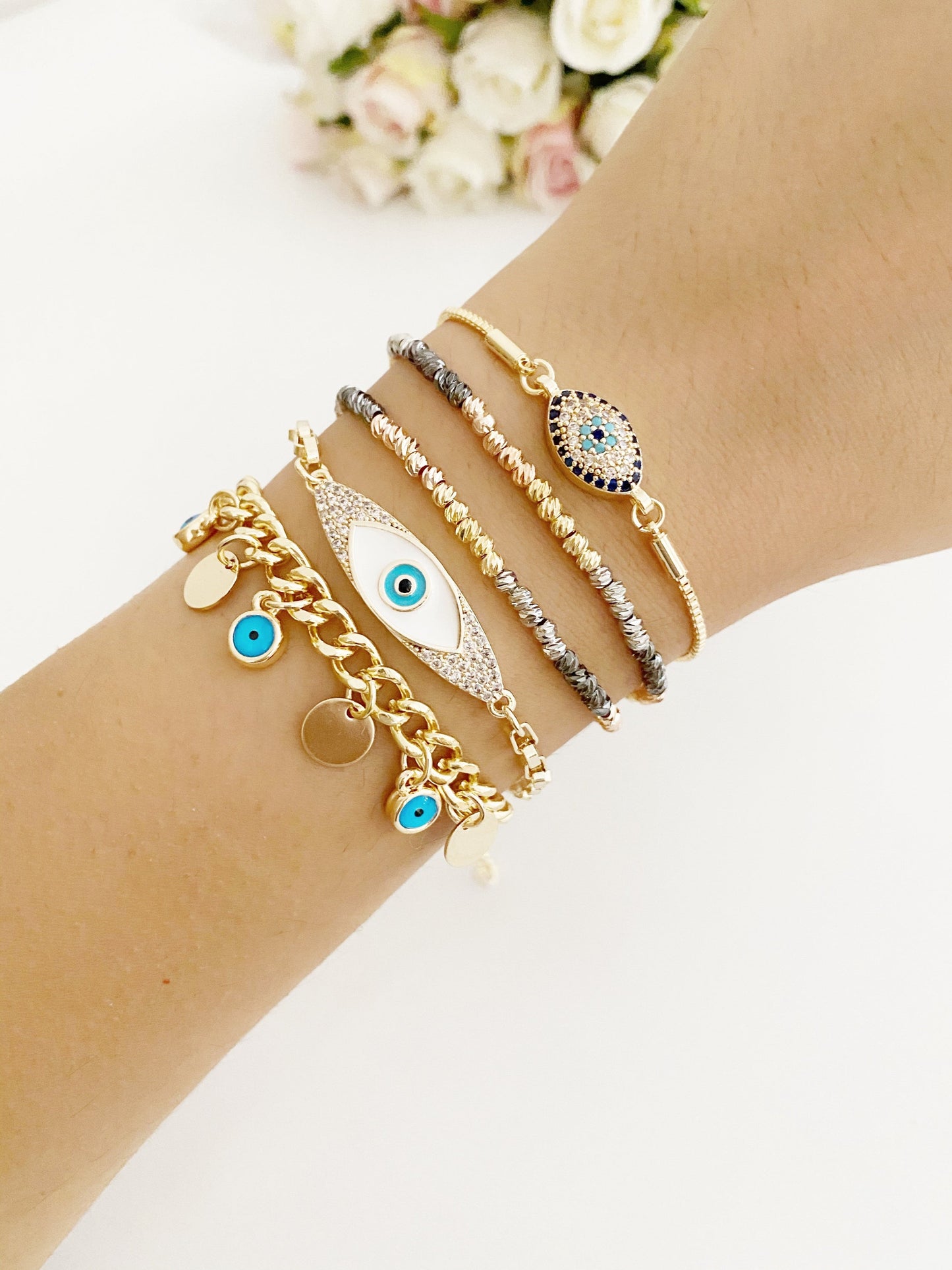 Gold Chain Evil Eye Bracelet, Blue Evil Eye Bracelet, Greek Jewelry