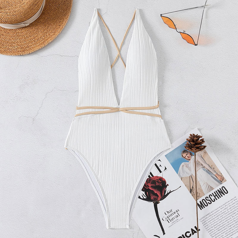 V neck Backless Quick Drying One Piece Swimsuit