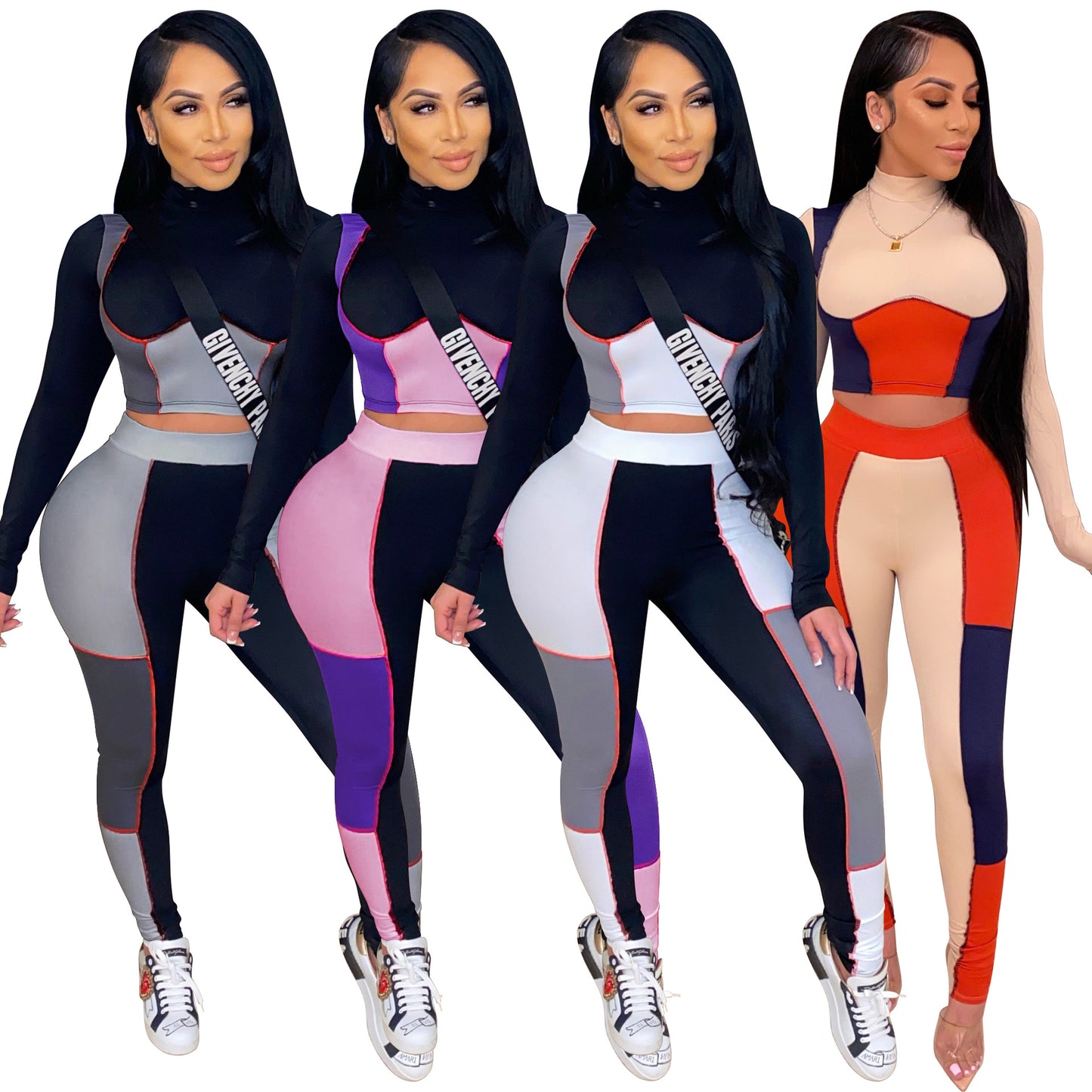 Women  Clothing Fashion Casual Home Sportswear Contrast Color Tight Yoga Two-Piece Suit